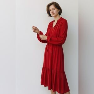 Ralph Lauren Red Pleated Long Sleeve Tiered Flowy Maxi Dress Size 10 Gold Button